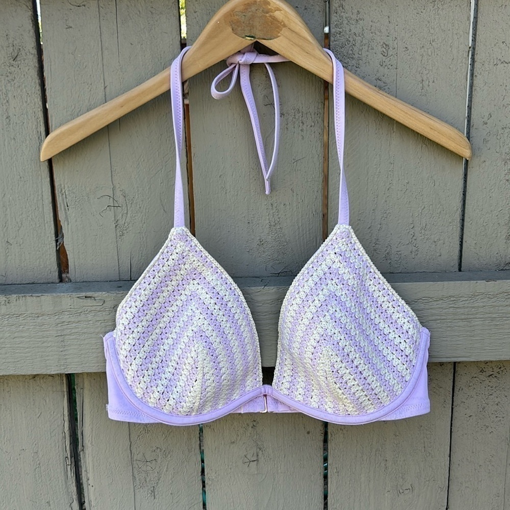 Shade & Shore Purple and White Lined Knit Bikini Top 36D Beach Vacation Pool